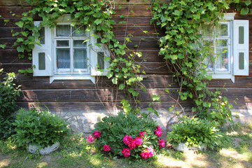 Fototapeta na wymiar Wooden shutters on the windows in a village house.