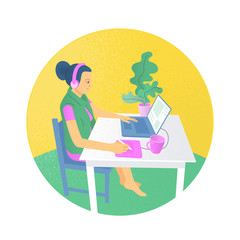 Flat style girl designer is sitting at desk and working with laptop, using graphic tablet