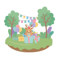 Reindeer cartoon with happy birthday icon design