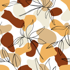 Abstract  seamless pattern with botanical lines  leaves in  pastel color background. For fabric, textile, greeting card template, wall art, social media post, packaging.