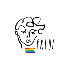Hand drawing human face line art in cubism style with LGBT flag. Stylish print for clothes, textile and other.