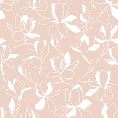 Seamless floral vector pattern with magnolia blossom. Vintage stylized. Modern trendy graphic design template for poster, card, banner, cover, textile, fabric, wrapping.