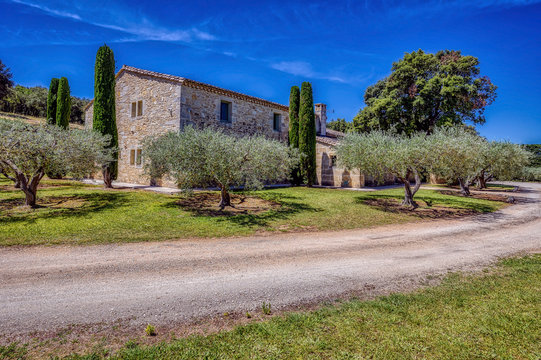 Old stone houses on unpaved roads in the Gard Department of France, near the city of Uzes