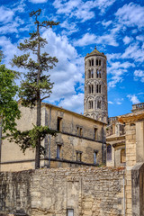Old medieval stone buildings in the city of Uzes, in the Gard Department of France
