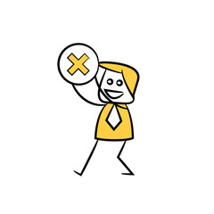 businessman holding wrong mark yellow stick figure