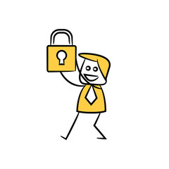 businessman holding key for security concept yellow stick figure