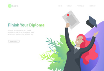 Set of web page design templates with smiling graduates people in graduation gowns holding diplomas and happy Jumping. Modern vector illustration concepts for website and mobile website development