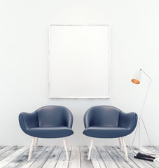 Mock up interior with white picture frame and two blue armchairs armchair 3D Rendering
