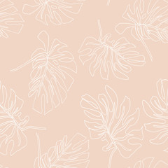 Abstract exotic leaves seamless pattern. Hand drawn tropical summer background: Philodendron monstera, palm leaf contours. Vector art illustration in pastel colors