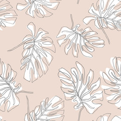 Abstract exotic leaves seamless pattern. Hand drawn tropical summer background: Philodendron monstera, palm leaf contours. Vector art illustration in pastel colors