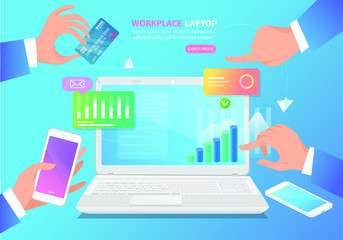 Hands of developer working on keyboard of laptop on white desk. top view. Workplace of programmer with notebook, table plant, smartphone, icons and interface elements.