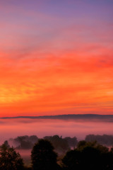 Beautiful Orange Foggy Morning Sunrise Over Countryside In Venango Northwest Rural Pensylvania