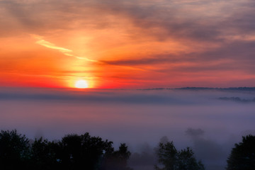 Fototapeta na wymiar Foggy Morning Sunrise Over Venango Valley Northwest Pennsylvania