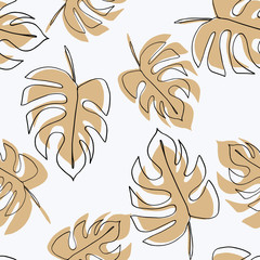 Philodendron plant. Monstera leaves seamless pattern. Background in minimal linear style. Abstract modern print. Modern trendy graphic design template for poster, card, banner, cover, textile, fabric,