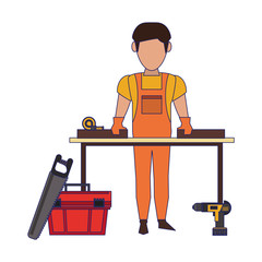 Carpenter working with wooden plank blue lines