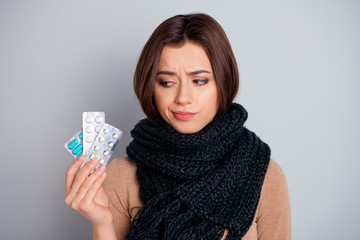 Portrait of disappointed sad upset millennial hold hand need dont want treatment hard choice...