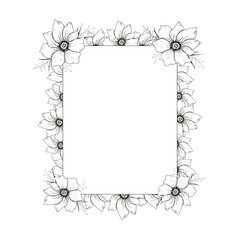 Flower sketch frame. Hand drawn sketch style flowers. Black on white.
