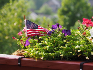American flag in flowers with blurred houses on background. Independence Day July 4th celebration concept