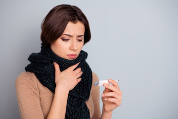 Portrait of disappointed lady have sickness look bad feelings touch clothing fashionable modern...
