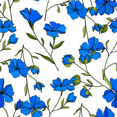 Vector Flax floral botanical flowers. Blue and green engraved ink art. Seamless background pattern.