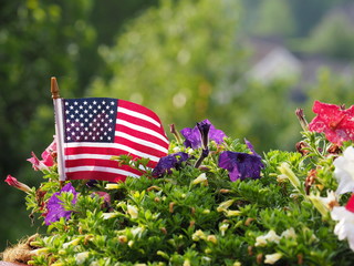 American flag in flowers with blurred houses on background. Independence Day July 4th celebration concept