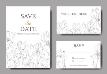 Vector Irises botanical flowers. Black and white engraved ink art. Wedding background card floral decorative border.