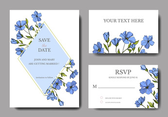 Vector Flax botanical flowers. Blue and green engraved ink art. Wedding background card floral decorative border.