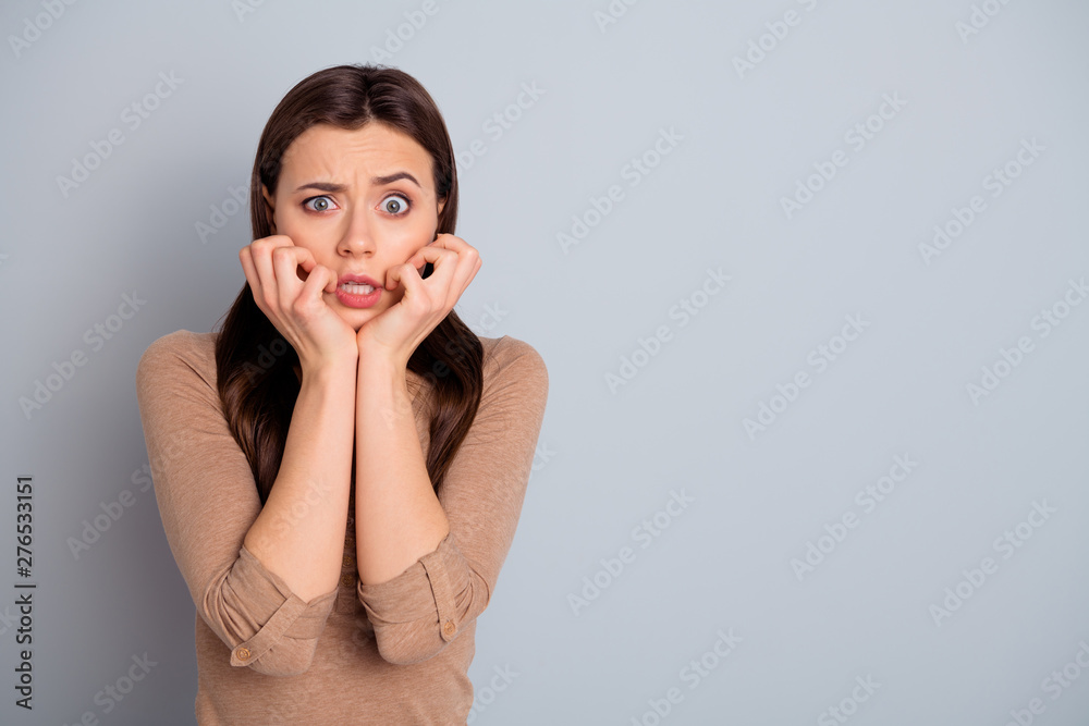 Sticker Close up photo beautiful she her lady ideal perfect appearance hands arms cheeks cheekbones scared facial expression very scary movie wear casual pastel pullover sweater isolated grey background