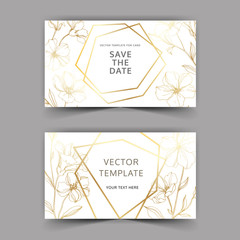 Vector Flax botanical flowers. Golden engraved ink art. Wedding background card floral decorative border.