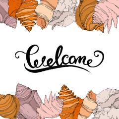 Summer beach seashell tropical elements. Black and white engraved ink art. Frame border ornament square.