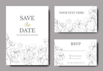 Fototapeta na wymiar Vector Flax floral botanical flowers. Black and white engraved ink art. Wedding background card.