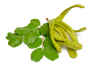 Green Carob pods with leaves. Isolated on white background