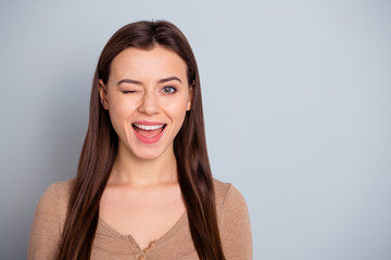 Close up photo cool beautiful amazing she her lady ideal appearance self-confident beaming smile...