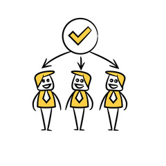 business people team and check mark in yellow doodle stick figure