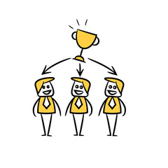 business people team and trophy in yellow doodle stick figure