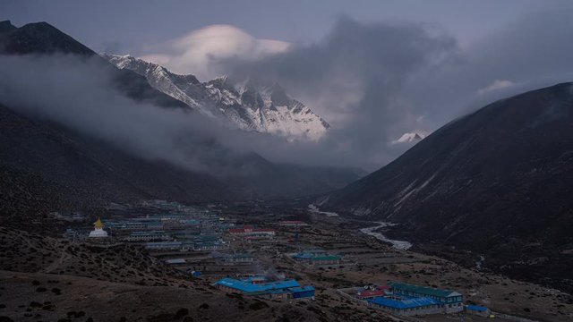 Beautiful sunset over Dingboche village in Everest region, Himalayas mountain range in Nepal