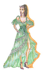 Fototapeta premium girl in a green summer long dress on a yellow background