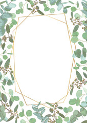 Greeting festive flyer, holiday card, vector. Elegant floral, greenery, semicircle collection. Bouquet of eucalyptus spiral, populus, robusta. Background grid with gold lines. Vertical
