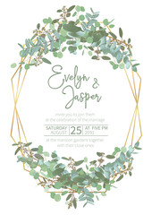 Greeting festive flyer, holiday card, vector. Elegant floral, greenery, gold collection. Bouquet of eucalyptus spiral, populus, robusta. Background grid with gold lines. Vertical