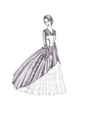 Fototapeta premium lady in a luxurious vintage dress painted by black pen on a white background