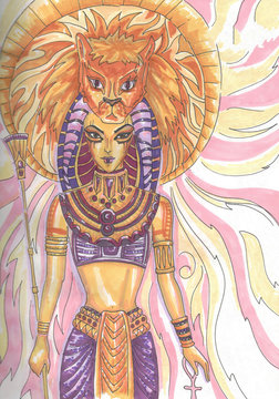  Egyptian Goddess Pharaonsh (tefnut) With A Lion Head In Purple And Yellow