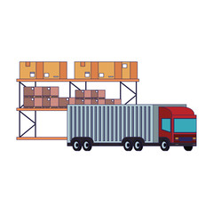 Cargo truck parked in front of boxes on shelf blue lines