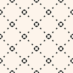 Universal minimalist vector seamless pattern. Simple geometric texture. Abstract monochrome minimal background with small floral shapes, squares, triangles, grid. Repeat design for decor, wallpapers