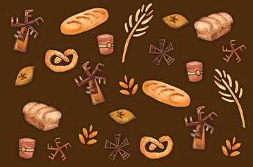 Bakery products, baking print. Pastry seamless pattern. Cute kitchen background