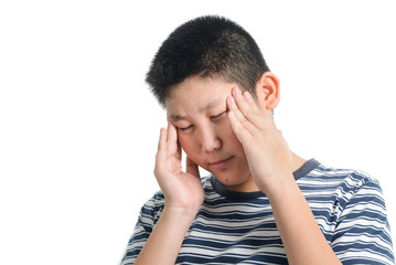 Fototapeta premium Asian preteen boy having headace on white background.