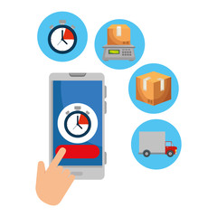 hand using smartphone with delivery app and icons