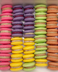 Rows of colored macaroons in a box. Pink, purple, green and brown. View from above.