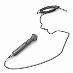 A microphone placed on a white surface, with the cord forming the silhouette of a singer.