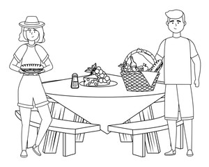 Couple of woman and man having picnic design