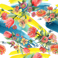 Plakaty  Bouquet floral botanical flowers. Watercolor background illustration set. Seamless background pattern.